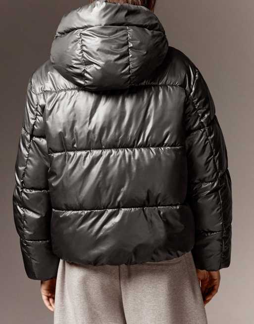 Bershka giacca puffer oversize con cappuccio in antracite, 3 di 5