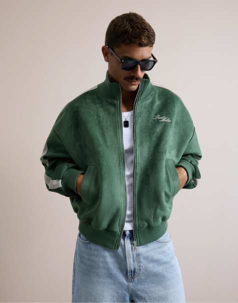 Bershka - Giacca squadrata in camoscio verde con dettaglio a righe - view 1