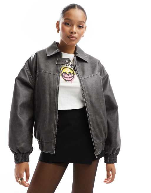 Bershka - Giacca squadrata in pelle sintetica grigio scuro