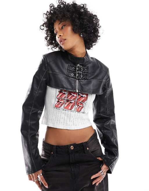 Bershka - Giacca stile motociclista super corta in pelle sintetica nera