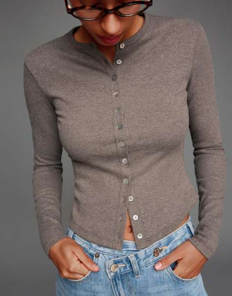 Bershka - Gilet boutonné en maille - Taupe - view 1