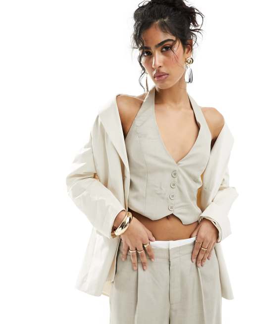 Bershka - Gilet de tailleur d'ensemble ajusté à dos nu - Beige clair