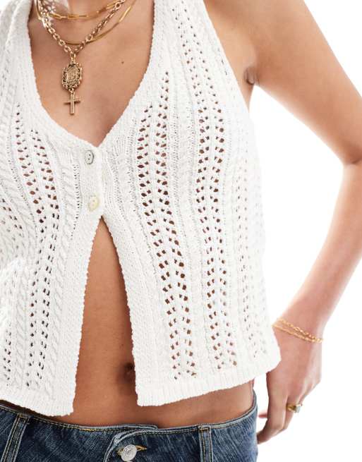 Bershka - Gilet de tailleur en maille au crochet style festival - Écru, 3 de 4
