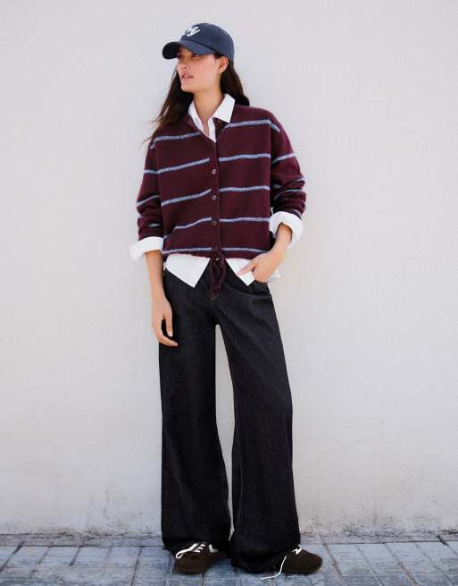 Bershka gilet en maille rayé à col rond bordeaux, 4 de 6