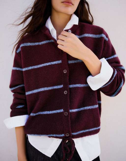 Bershka gilet en maille rayé à col rond bordeaux, 5 de 6