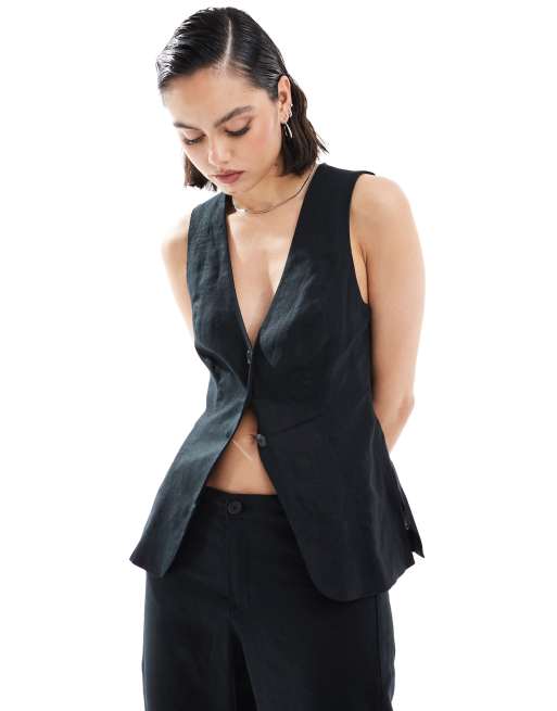 Bershka - Gilet taglio lungo nero in lino