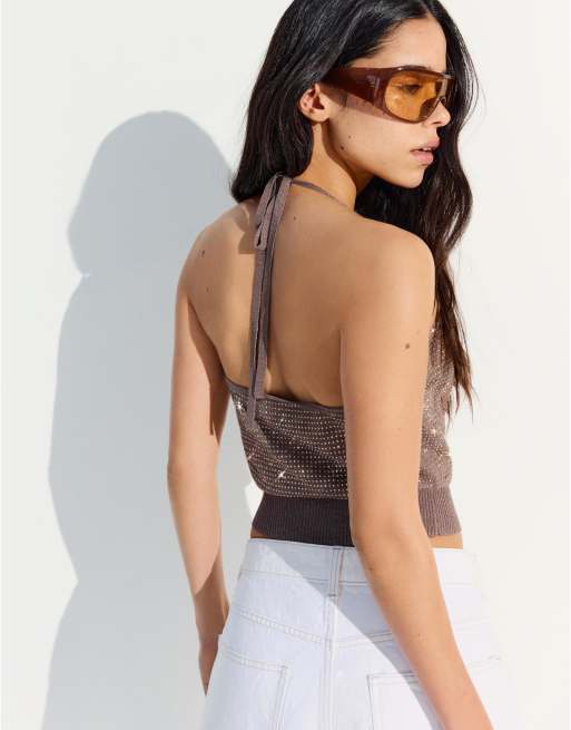 Bershka - Glinsterende haltertop in bruin, 4 van 4