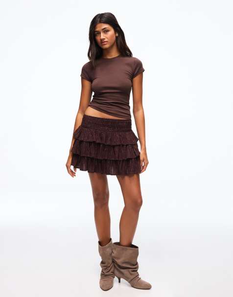Bershka - Glinsterende mini rok met ruches in bruin - view 1