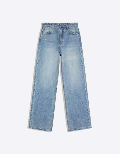 Bershka - Glinsterende rechte jeans met wijde pijpen in middenblauw, 5 van 5