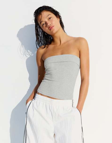 Bershka Glitter bandeau top in light grey - view 1