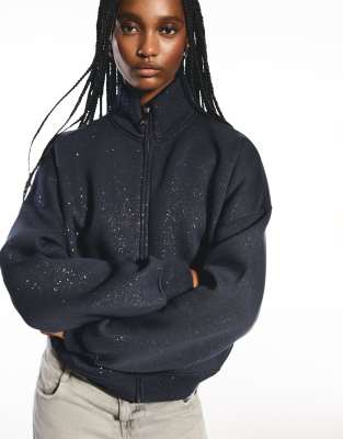 Bershka - Glitzernde Sweatjacke in Marineblau mit Reißverschluss