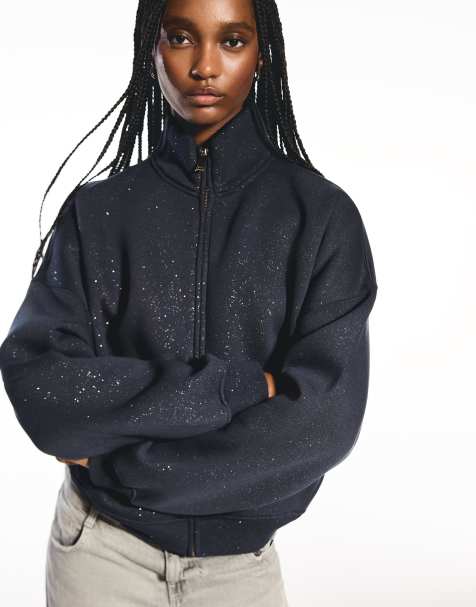 Bershka – Glitzernde Sweatjacke in Marineblau mit Reißverschluss - view 1
