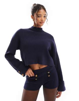 gold button detail high neck sweater in navy - part of a set-Blue