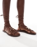 [Bershka] Bershka gold detail tie-up flat sandals in brown 35 BROWN