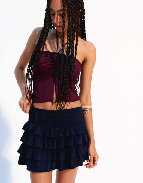Bershka - Gonna corta blu navy con volant - view 1