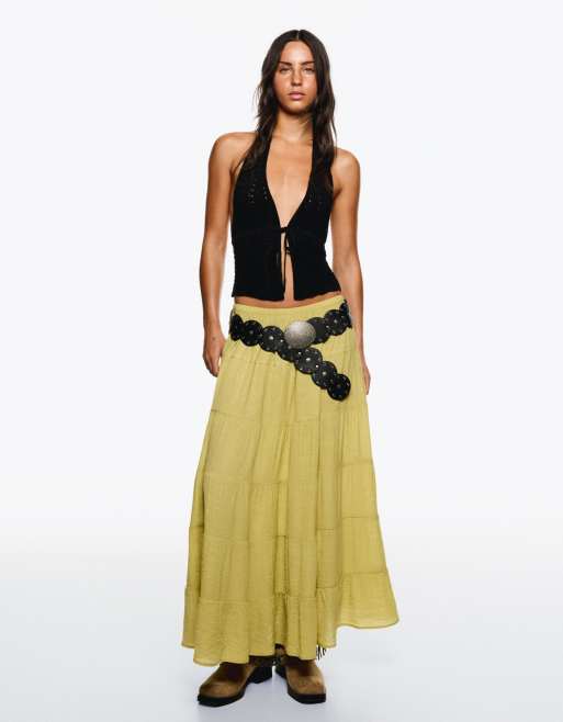 Bershka - Gonna lunga a balze in mussola color pistacchio