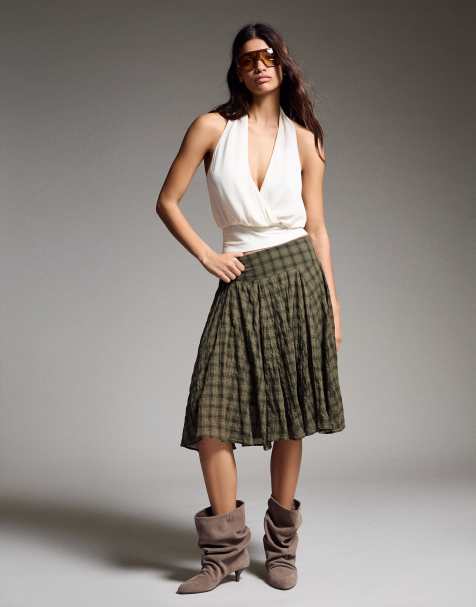 Bershka - Gonna midi a ruota kaki a quadri - view 1