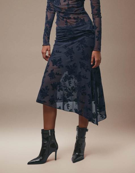 Bershka - Gonna midi blu con stampa - view 1