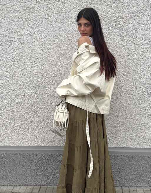 Bershka - Gonna midi kaki con risvolto in vita, 2 di 4