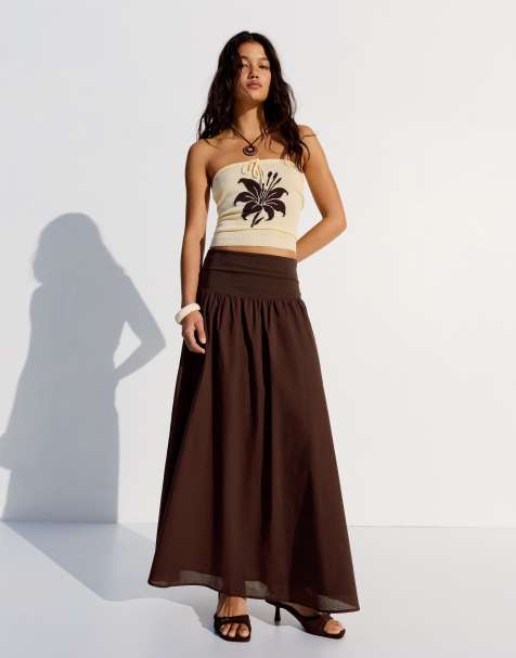 Bershka - Gonna midi marrone con cintura obi - view 1