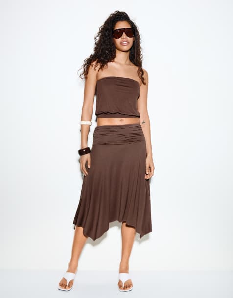 Bershka - Gonna midi marrone effetto modal raccolta in vita - view 1