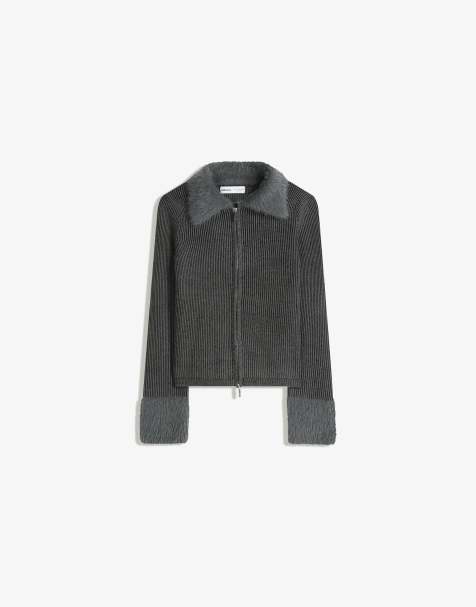 Bershka - Grå cardigan med krave i imiteret pels og lynlås - view 1