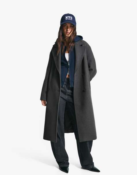 Bershka – Grå, lång kappa med sänkt axelsöm - view 1