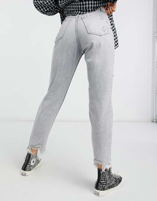 Bershka - Grå mom-jeans med flænger og revne kanter i bomuld - BLACK, 2 af 4