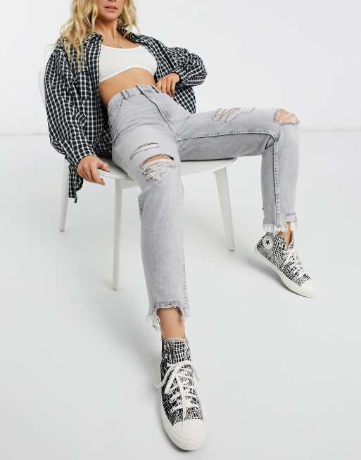 Bershka - Grå mom-jeans med flænger og revne kanter i bomuld - BLACK, 4 af 4