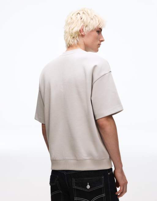 Bershka – Grå, ribbad t-shirt i sweatshirttyg med korta ärmar, 3 av 4