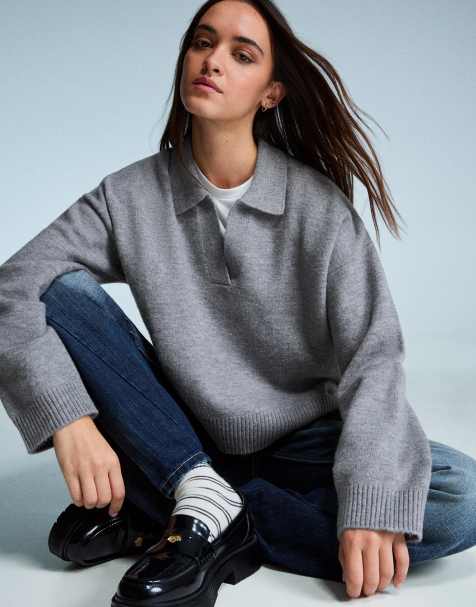 Bershka - Grå sweater med polokrave - view 1