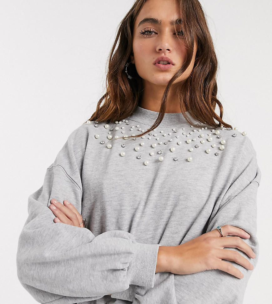 Bershka – Grå sweatshirt med syntetpärlor