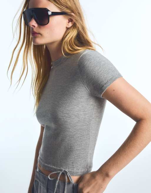 Bershka – Grå t-shirt med korta ärmar och rund halsringning, 2 av 6