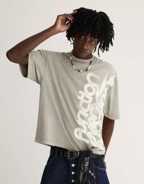 Bershka – Grå, tvättad t-shirt med boxig passform och tryck - view 1