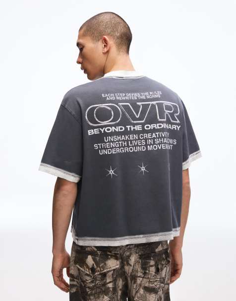 Bershka – Grå, tvättad t-shirt med korta ärmar och tryck - view 1