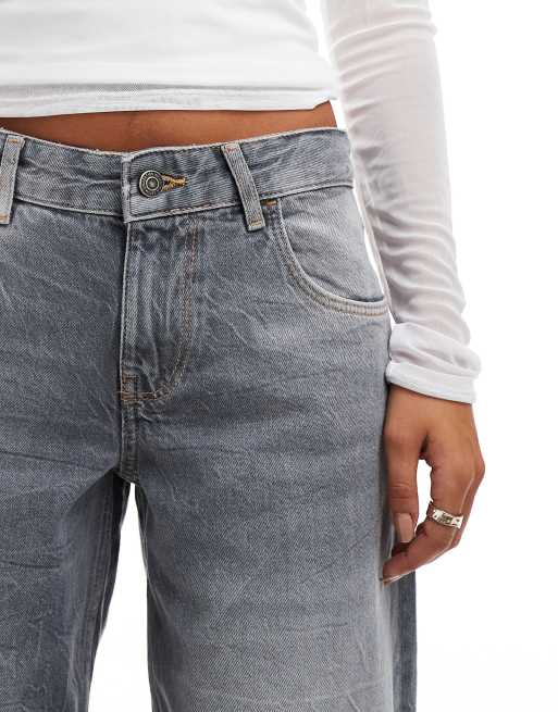 Bershka – Grå, tvättade baggy jeans med vida ben, 3 av 5