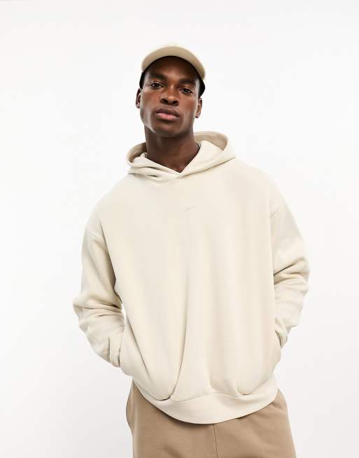 Bershka – Gräddvit huvtröja med boxig passform och ton-i-ton-tryck