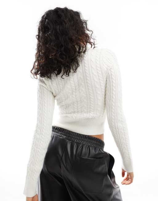 Bershka – Gräddvit kabelstickad tröja med pikékrage, 4 av 4