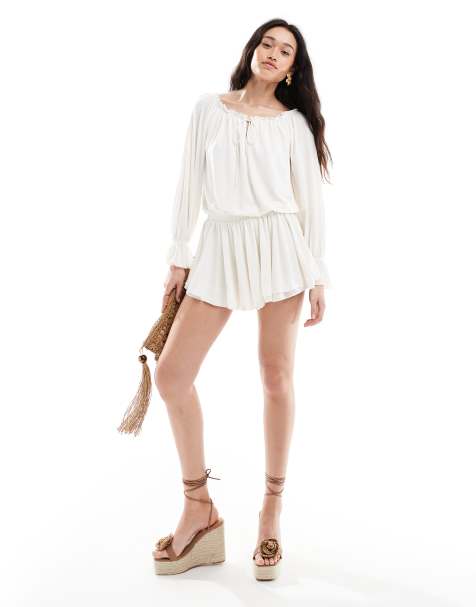 Bershka – Gräddvit miniklänning med bardotringning och blusärmar - view 1