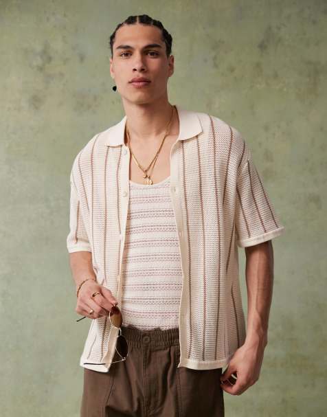 Bershka – Gräddvit, randig, stickad skjorta med knäppning - view 1