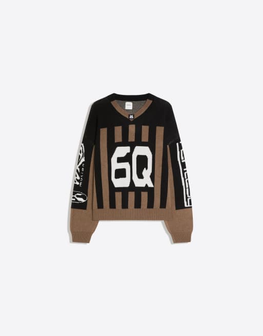 Bershka grafische boxy jacquardtrui met V-hals in bruin, 6 van 7