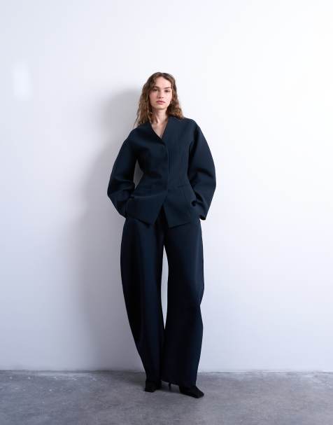Topshop barrel leg tailored trousers in navy