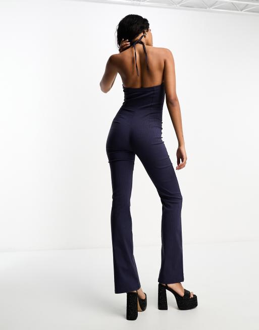 Bershka – Granatowy dopasowany kombinezon z dekoltem halter w prążki, 2 z 4