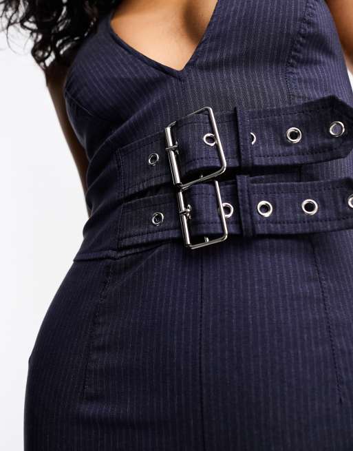 Bershka – Granatowy dopasowany kombinezon z dekoltem halter w prążki, 3 z 4