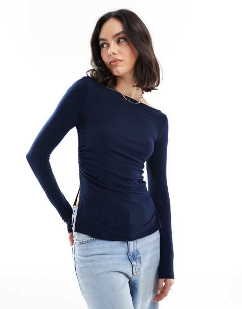 Bershka ruched side long sleeve t-shirt in navy