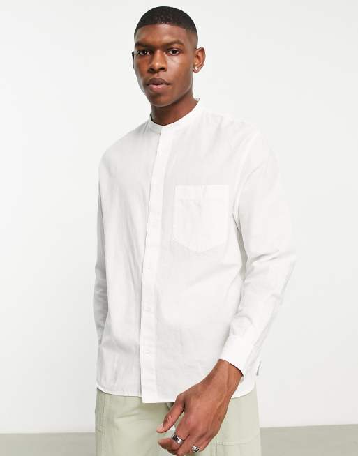 Bershka – Grandad-Hemd in Weiß mit Leinenanteil