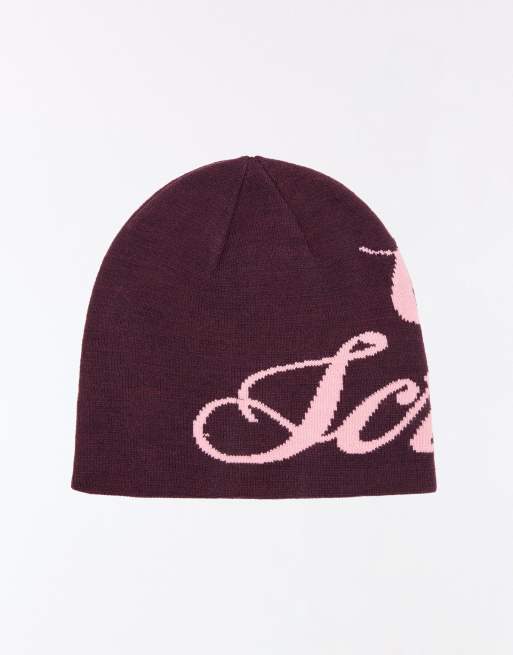 Bershka Graphic beanie in burgundy, 2 of 4
