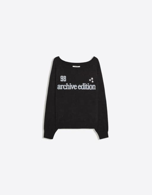 Bershka Graphic boat neck jumper in grey&black, 4 of 4