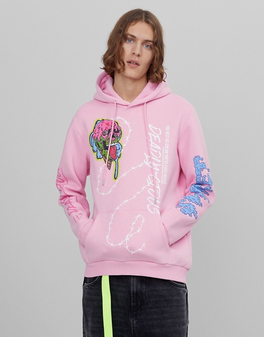 Bershka graphic hoodie with chest & back print in pink
