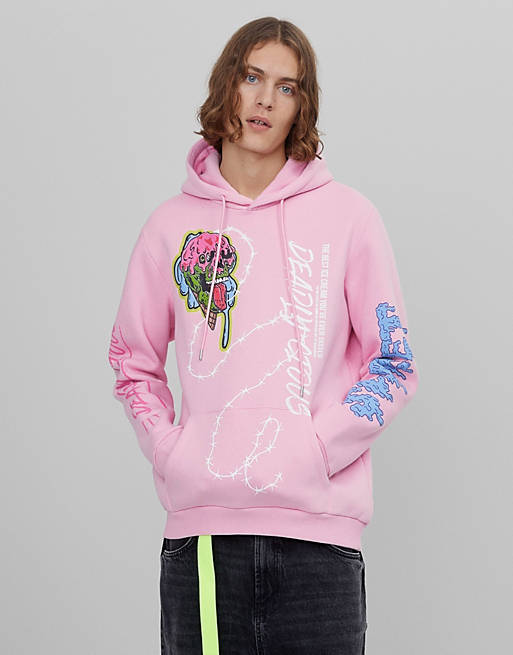 Bershka graphic hoodie with chest & back print in pink | ASOS